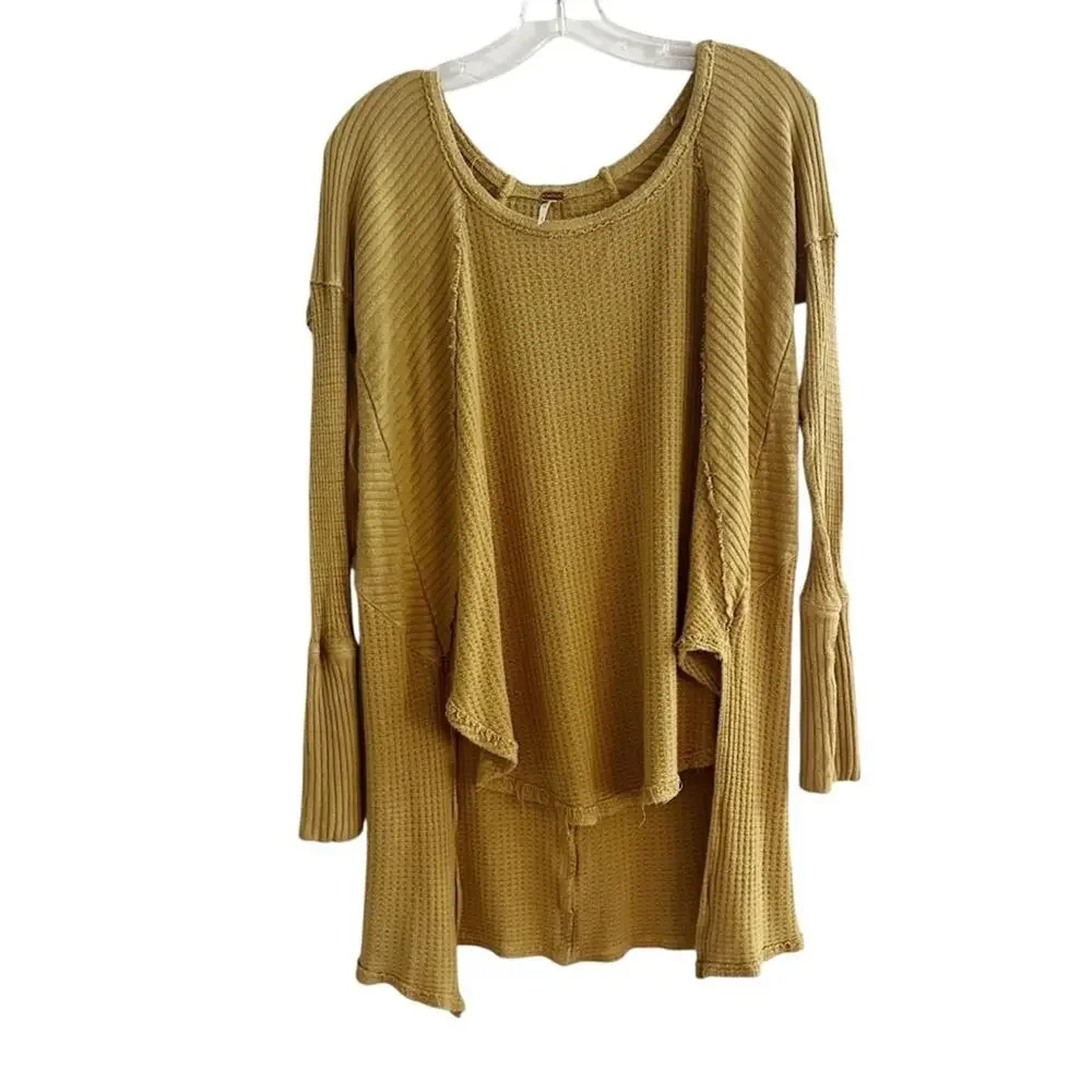 Free People Mustard Yellow Ventura Thermal Top MEDIUM Waffle Knit Long Sleeve